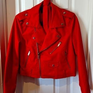 Red faux lleather moto jacket with belt